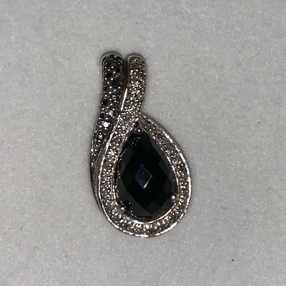 M 925 Sterling Silver Teardrop Necklace Pendant Charm With Black Gem